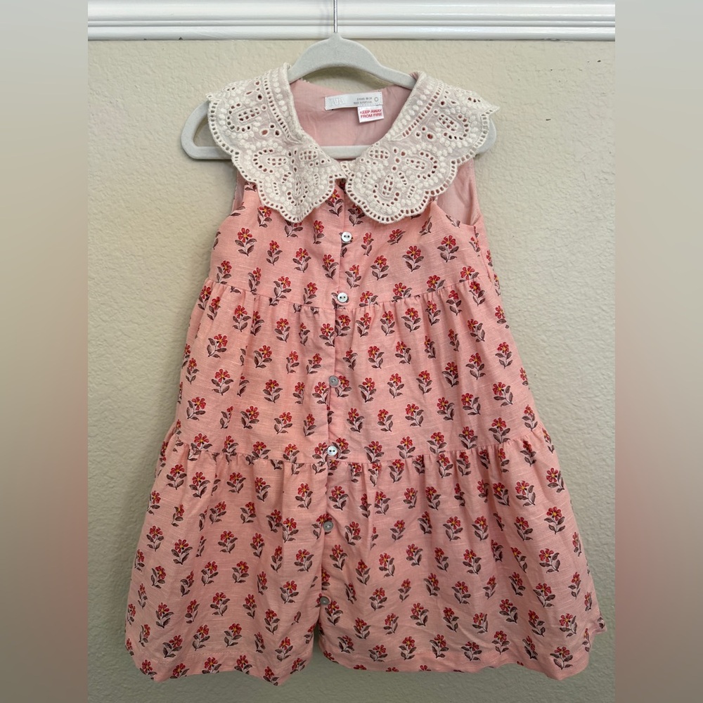 Zara Girls Pink Floral Button-Front Dress with Lace Collar